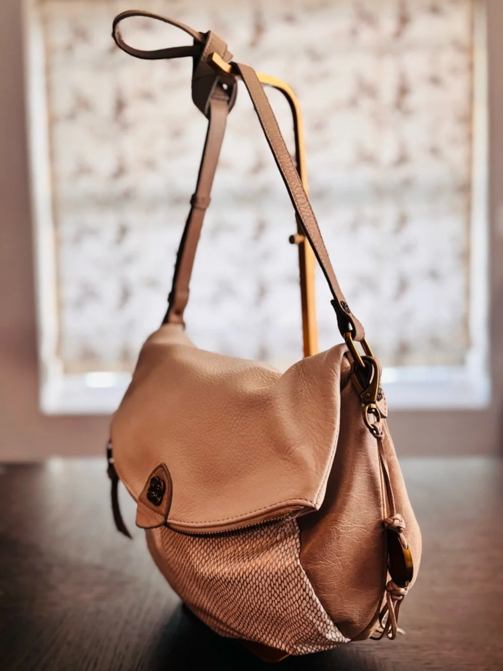 Elliott Lucca Boho Leather Crossbody Hobo Bag Neutral Taupe Purse
